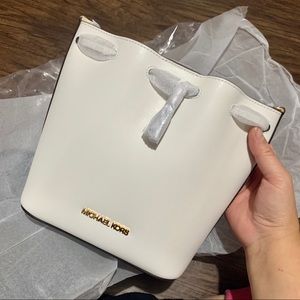 MK Eden Mini Drawstring Bucket Bag White